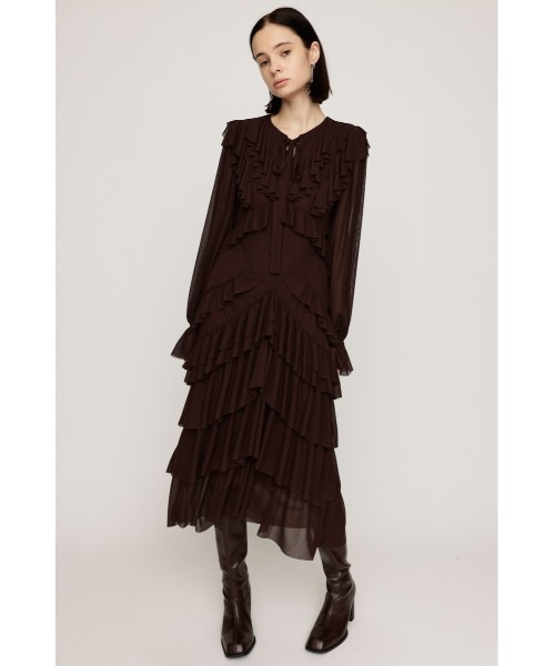 SLY(スライ)の「SHEER FRILL L/DRESS シアー フリル ロングドレス 秋服 冬服(ワンピース・レディース・ブラウン/ネイビー系・FREE)」の2枚目の写真