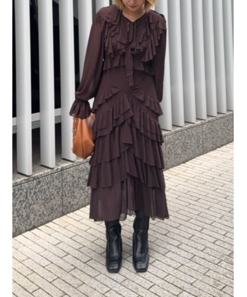 SLY(スライ)の「SHEER FRILL L/DRESS シアー フリル ロングドレス 秋服 冬服(ワンピース・レディース・ブラウン/ネイビー系・FREE)」の14枚目の写真