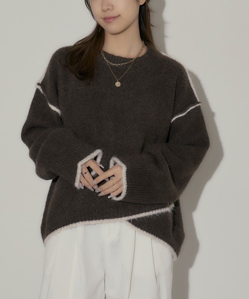 H.TOKYO(エイチトウキョウ)の「ステッチライン短丈ニットプルオーバー(ニット/セーター・レディース・ベージュ/ネイビー/ライトグレー/ブラウン/グレー・FREE)」の3枚目の写真
