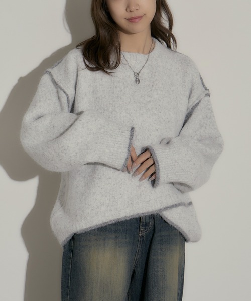H.TOKYO(エイチトウキョウ)の「ステッチライン短丈ニットプルオーバー(ニット/セーター・レディース・ベージュ/ネイビー/ライトグレー/ブラウン/グレー・FREE)」の2枚目の写真