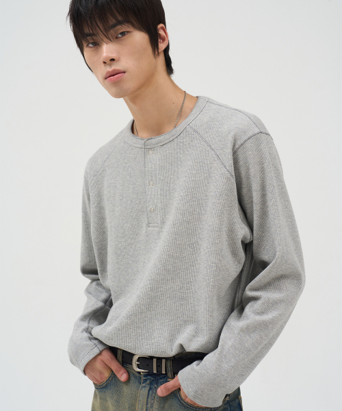 ステッチワッフルヘンリーネック グレー（Tシャツ/カットソー