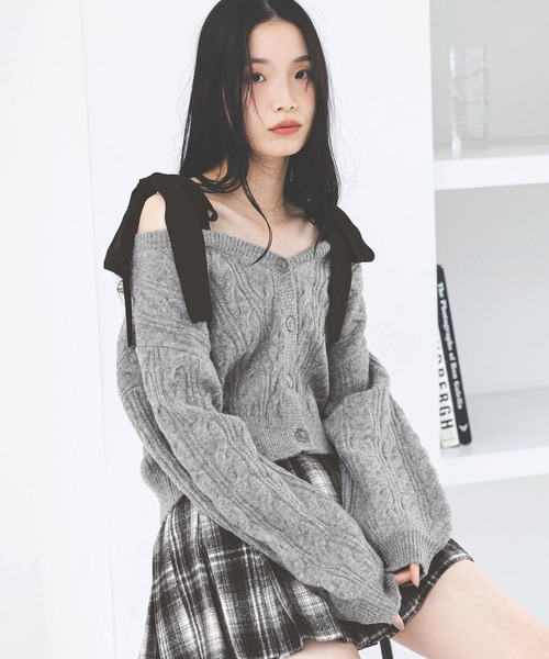 Heather（ヘザー）の「2WAYケーブルリボンカーディガン　619279（カーディガン/ボレロ・レディース・グレー/ブラウン/アイボリー/ブルー・FREE）」の3枚目の写真