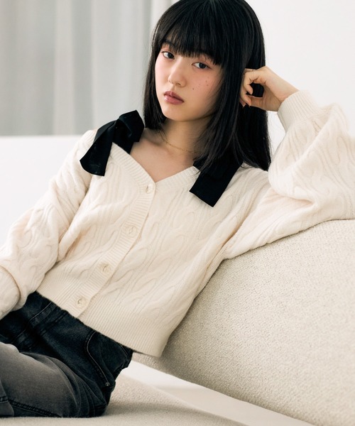 Heather（ヘザー）の「2WAYケーブルリボンカーディガン　619279（カーディガン/ボレロ・レディース・グレー/ブラウン/アイボリー/ブルー・FREE）」の7枚目の写真