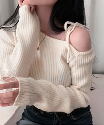 肩リボン オフショルダーリブニット