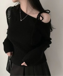 肩リボン オフショルダーリブニット