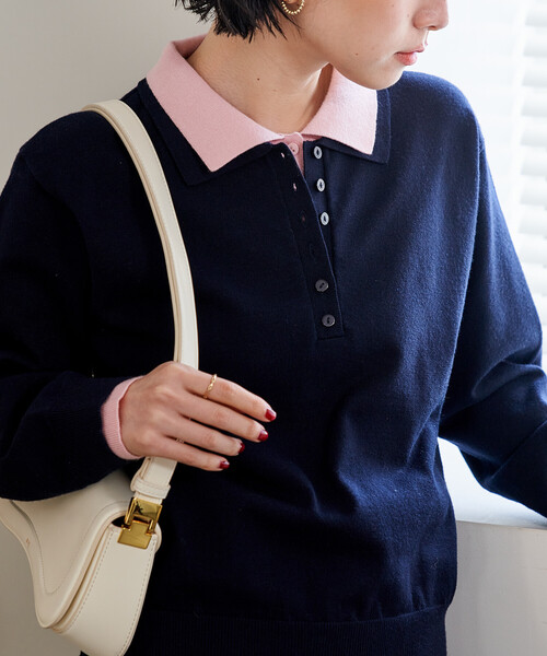 セール】配色 レイヤードポロニット/襟付きニット/ポロ襟/ハイゲージ