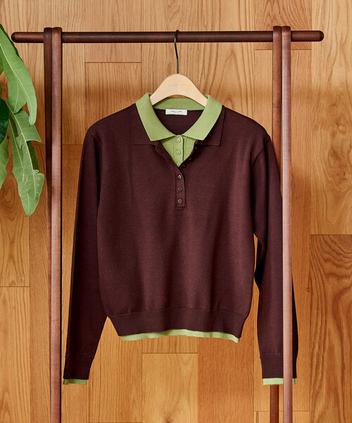 FREAK'S STORE(フリークスストア)の「配色 レイヤードポロニット/襟付きニット/ポロ襟/ハイゲージニット(ニット/セーター・レディース・ネイビー/レッド/ブラウン/ライトグレー・フリ-)」の2枚目の写真