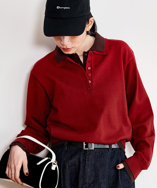 FREAK'S STORE(フリークスストア)の「配色 レイヤードポロニット/襟付きニット/ポロ襟/ハイゲージニット(ニット/セーター・レディース・ネイビー/レッド/ブラウン/ライトグレー・フリ-)」の4枚目の写真