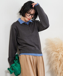 FREAK'S STORE | 配色 レイヤードポロニット/襟付きニット/ポロ襟/ハイゲージニット(ニット/セーター)