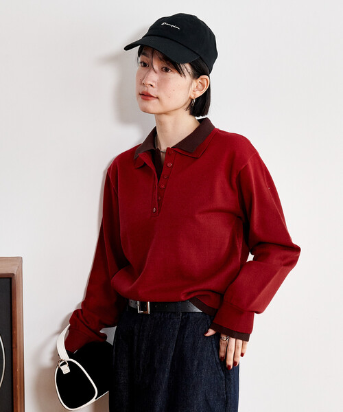 FREAK'S STORE(フリークスストア)の「配色 レイヤードポロニット/襟付きニット/ポロ襟/ハイゲージニット(ニット/セーター・レディース・ネイビー/レッド/ブラウン/ライトグレー・フリ-)」の19枚目の写真