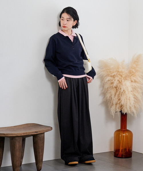 セール】配色 レイヤードポロニット/襟付きニット/ポロ襟/ハイゲージ