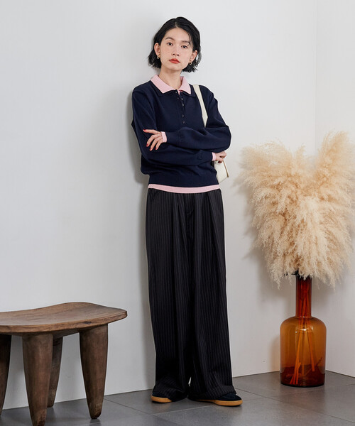 セール】配色 レイヤードポロニット/襟付きニット/ポロ襟/ハイゲージ