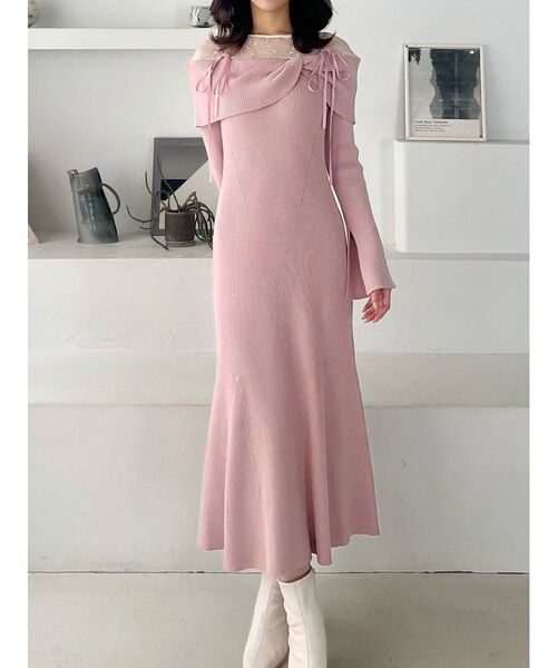 【早い者勝ち！】レースディティールオフショルニットワンピース レース切替オフショルニットワンピース（ワンピース）｜MERCURYDUO