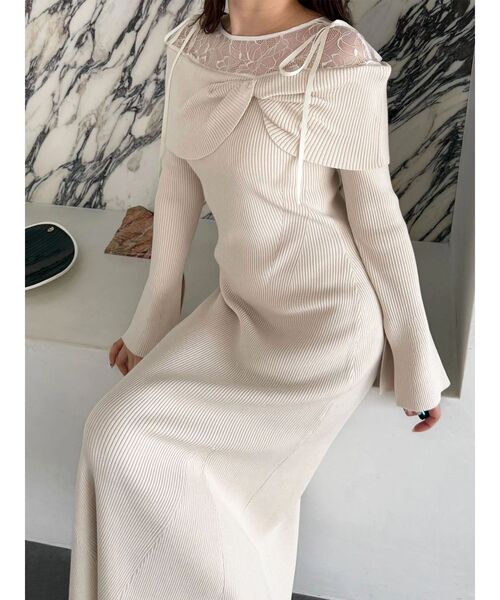 MERCURYDUO(マーキュリーデュオ)の「レース切替オフショルニットワンピース(ワンピース・レディース・アイボリー/チャコールグレー/ピンク/ブラック・SMALL/MEDIUM)」の2枚目の写真