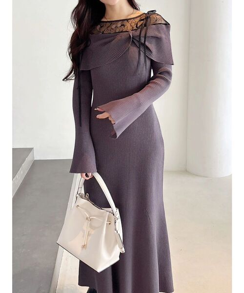 MERCURYDUO(マーキュリーデュオ)の「レース切替オフショルニットワンピース(ワンピース・レディース・アイボリー/チャコールグレー/ピンク/ブラック・SMALL/MEDIUM)」の8枚目の写真