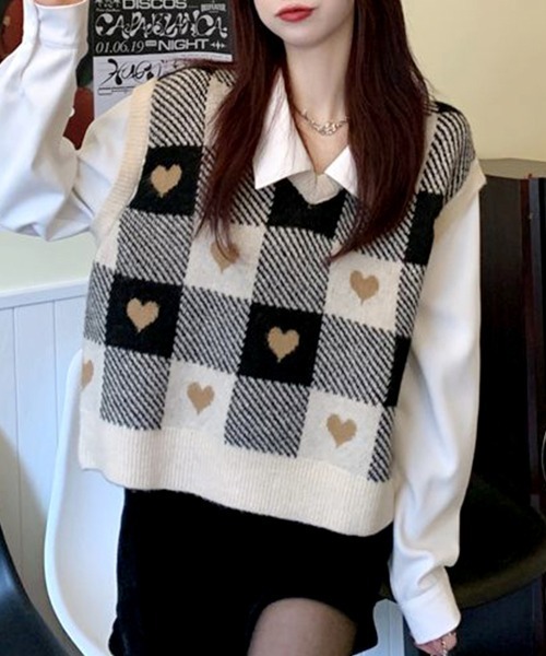 ハート柄チェックニットベスト（ベスト）｜ReRe（リリ）のファッション
