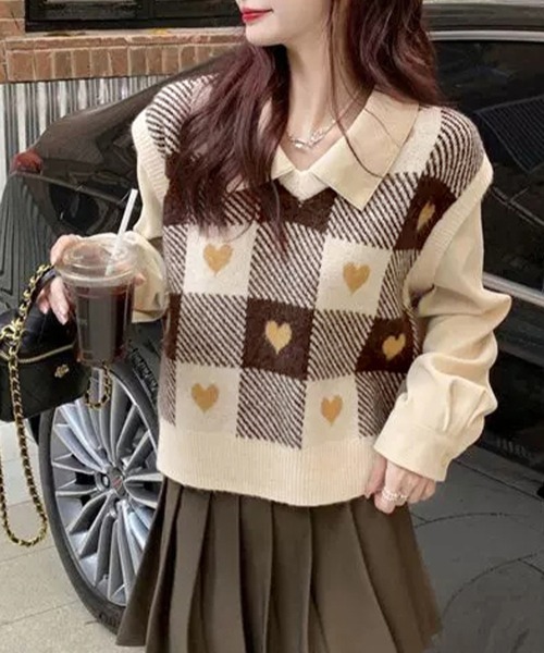ハート柄チェックニットベスト（ベスト）｜ReRe（リリ）のファッション