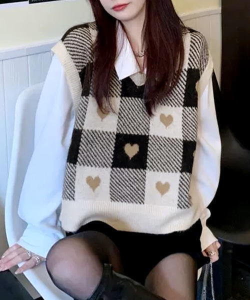 YUEQIQI ハート柄ニットベスト S HOOK】for girls ハートワッペンチェック柄ニットベスト – 《公式
