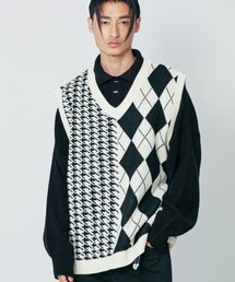 アーガイル & ハウンドトゥース ハーフアンドハーフ ニットベスト ブラック