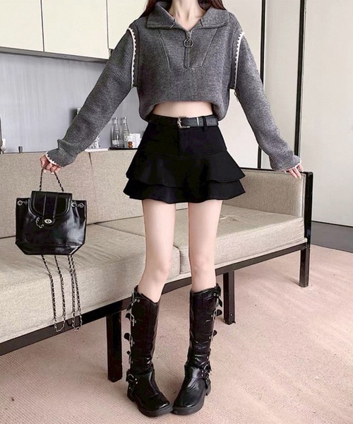 leune（ルネ）の「ベルト付きダンボールニット二段フリルスウェットスカート【インパン付き】（スカート・レディース・チャコールグレー/グレー/ブラック・LARGE/MEDIUM/SMALL）」の6枚目の写真