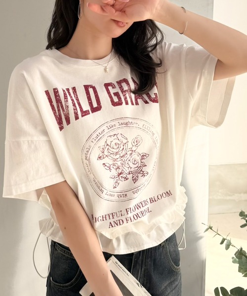mily bilet(ミウィビレット)の「【mily bilet】甘辛バランスが叶う!綿100% 体型カバー裾ドロストフリルプリントTシャツ(Tシャツ/カットソー・レディース・チャコール/オフホワイト/ネイビー/オートミール・LARGE/MEDIUM/X-LARGE/SMALL)」の14枚目の写真