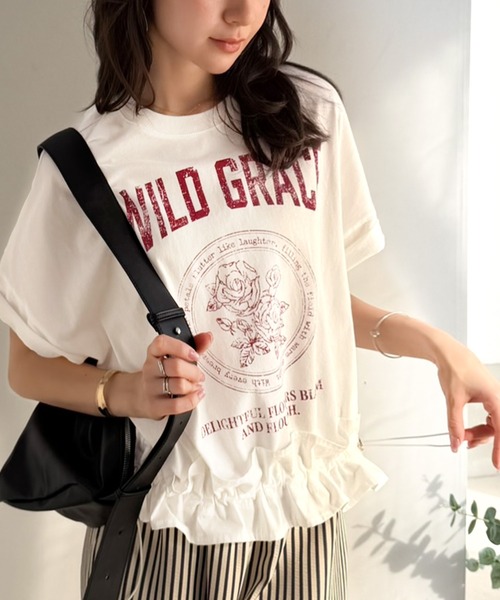 mily bilet(ミウィビレット)の「【mily bilet】甘辛バランスが叶う!綿100% 体型カバー裾ドロストフリルプリントTシャツ(Tシャツ/カットソー・レディース・チャコール/オフホワイト/ネイビー/オートミール・LARGE/MEDIUM/X-LARGE/SMALL)」の15枚目の写真