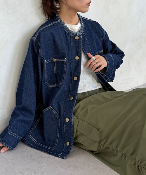 CPCM（シーピーシーエム）の「ノーカラーフリンジカバーオール（デニムジャケット・レディース・サックスブルー/ネイビー/ブルー・FREE）」の2枚目の写真