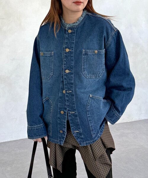 CPCM（シーピーシーエム）の「ノーカラーフリンジカバーオール（デニムジャケット・レディース・サックスブルー/ネイビー/ブルー・FREE）」の4枚目の写真