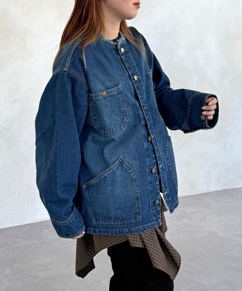 CPCM（シーピーシーエム）の「ノーカラーフリンジカバーオール（デニムジャケット・レディース・サックスブルー/ネイビー/ブルー・FREE）」の7枚目の写真