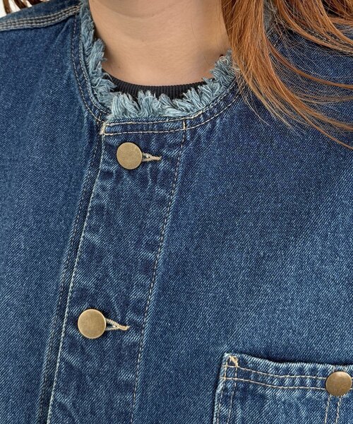 CPCM（シーピーシーエム）の「ノーカラーフリンジカバーオール（デニムジャケット・レディース・サックスブルー/ネイビー/ブルー・FREE）」の11枚目の写真