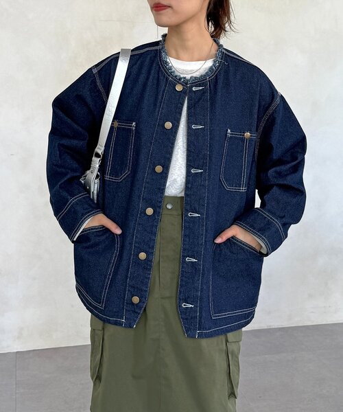 CPCM（シーピーシーエム）の「ノーカラーフリンジカバーオール（デニムジャケット・レディース・サックスブルー/ネイビー/ブルー・FREE）」の14枚目の写真