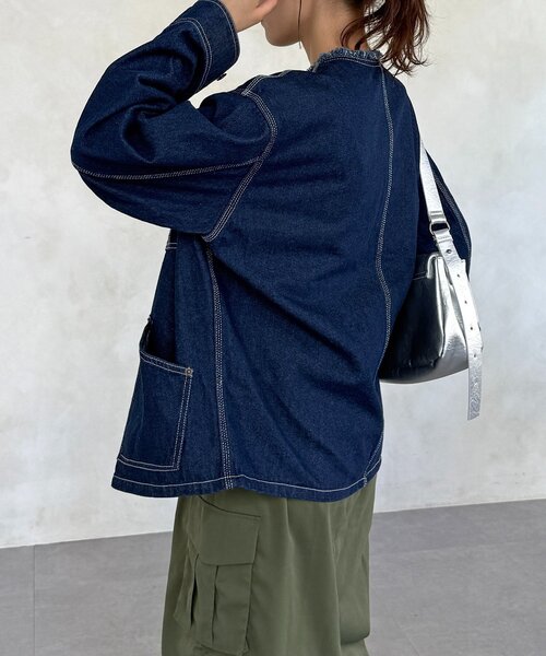 CPCM（シーピーシーエム）の「ノーカラーフリンジカバーオール（デニムジャケット・レディース・サックスブルー/ネイビー/ブルー・FREE）」の15枚目の写真