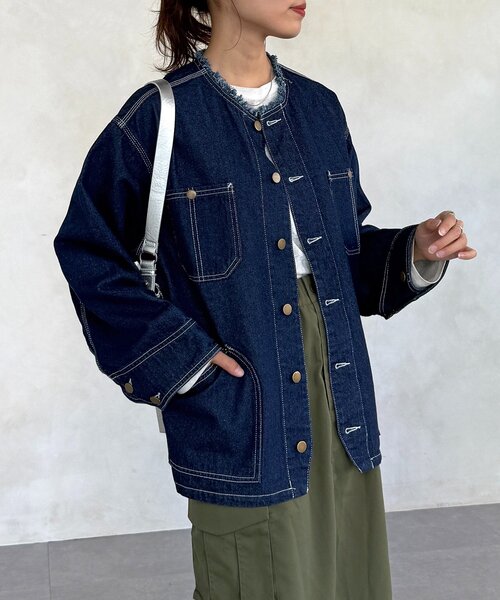 CPCM（シーピーシーエム）の「ノーカラーフリンジカバーオール（デニムジャケット・レディース・サックスブルー/ネイビー/ブルー・FREE）」の17枚目の写真