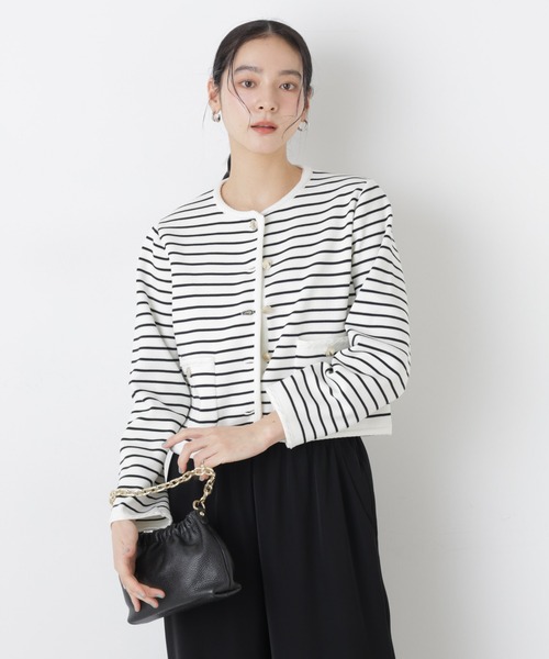 NANO universe（ナノユニバース）の「ゴールドボタンニットジャケット（ノーカラージャケット・レディース・その他1/ダークネイビー/アイボリー・FREE）」の3枚目の写真