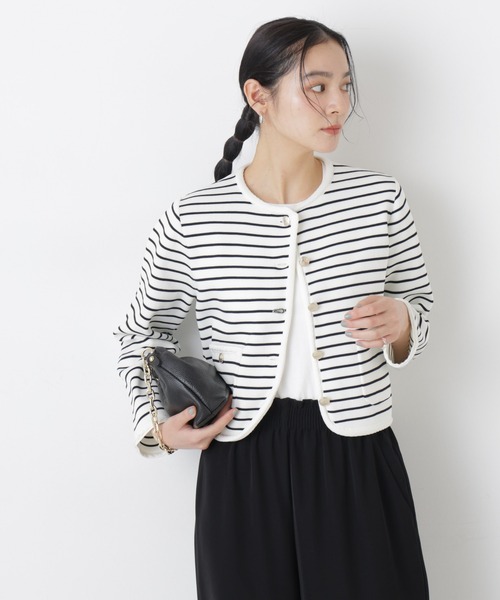 NANO universe（ナノユニバース）の「ゴールドボタンニットジャケット（ノーカラージャケット・レディース・その他1/ダークネイビー/アイボリー・FREE）」の4枚目の写真