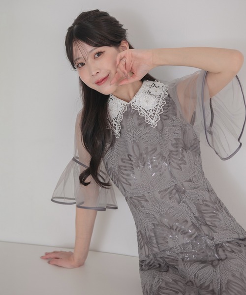 LEJA】フラワーレースカラースパンコールマーメイドワンピースドレス