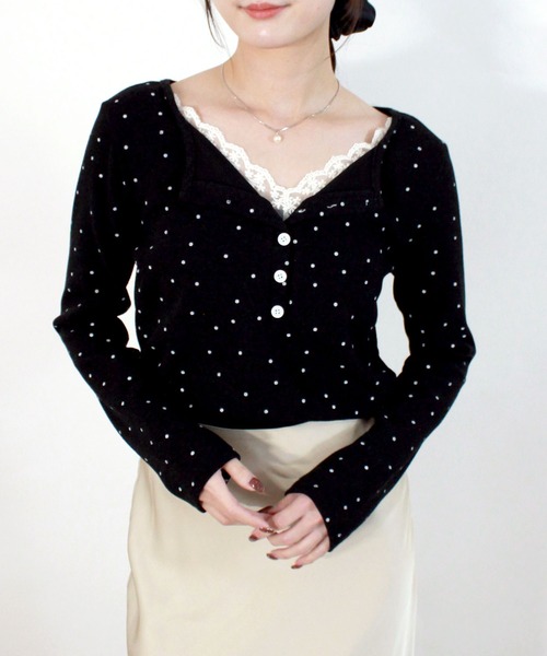 Reurie'(レウリィ)の「ドットパターンレイヤードトップ 春服 春 夏 トップス カジュアル(シャツ/ブラウス・レディース・ブラック/アイボリー・FREE)」の2枚目の写真