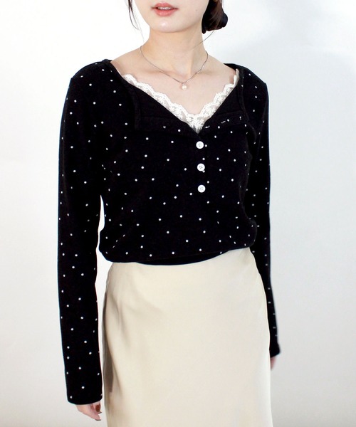 Reurie'(レウリィ)の「ドットパターンレイヤードトップ 春服 春 夏 トップス カジュアル(シャツ/ブラウス・レディース・ブラック/アイボリー・FREE)」の6枚目の写真