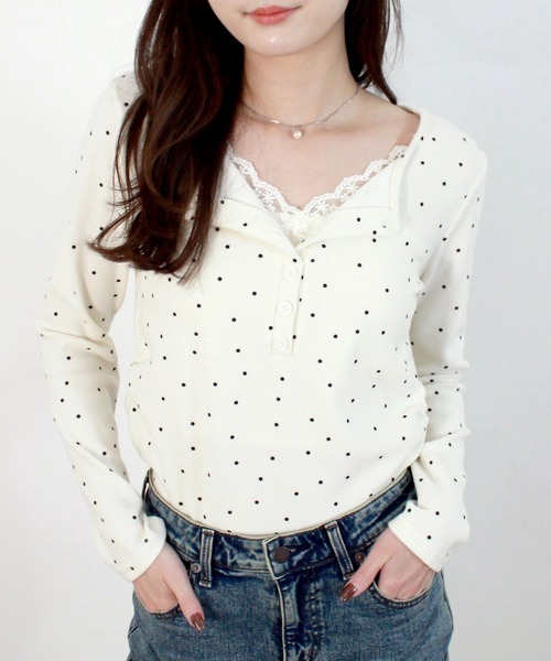 Reurie'(レウリィ)の「ドットパターンレイヤードトップ 春服 春 夏 トップス カジュアル(シャツ/ブラウス・レディース・ブラック/アイボリー・FREE)」の11枚目の写真