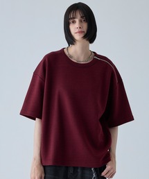 【VELNUS】Shoulder Zip Melange Ribbed Knit Short Sleeve T-Shirt/ショルダーZIPメランジリブニット半袖Tシャツ
