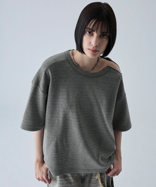 VELNUS】Shoulder Zip Melange Ribbed Knit Short Sleeve T-Shirt