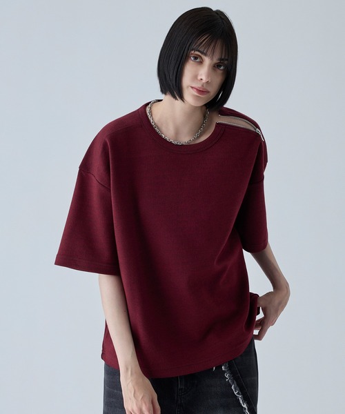 VELNUS（ベルナス）の「【VELNUS】Shoulder Zip Melange Ribbed Knit Short Sleeve T-Shirt/ショルダーZIPメランジリブニット半袖Tシャツ（Tシャツ/カットソー・メンズ・バーガンディー/チャコールグレー・L/M/S）」の3枚目の写真