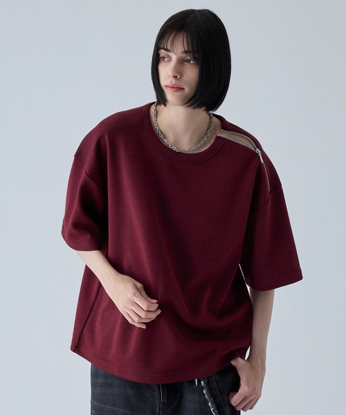 VELNUS（ベルナス）の「【VELNUS】Shoulder Zip Melange Ribbed Knit Short Sleeve T-Shirt/ショルダーZIPメランジリブニット半袖Tシャツ（Tシャツ/カットソー・メンズ・バーガンディー/チャコールグレー・L/M/S）」の5枚目の写真
