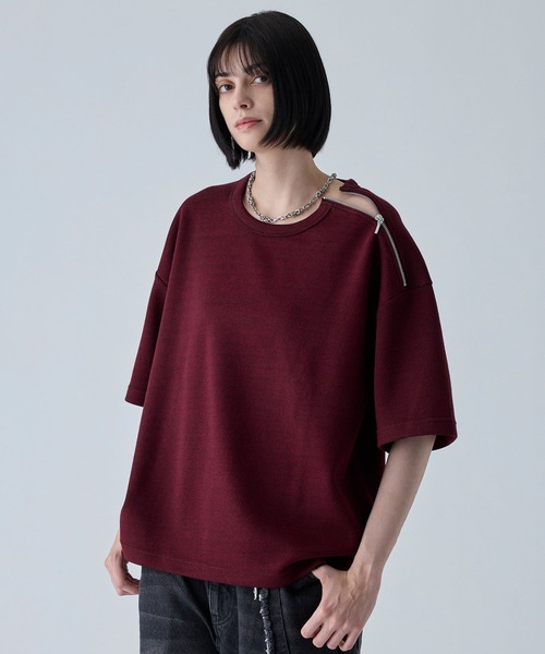 VELNUS（ベルナス）の「【VELNUS】Shoulder Zip Melange Ribbed Knit Short Sleeve T-Shirt/ショルダーZIPメランジリブニット半袖Tシャツ（Tシャツ/カットソー・メンズ・バーガンディー/チャコールグレー・L/M/S）」の6枚目の写真