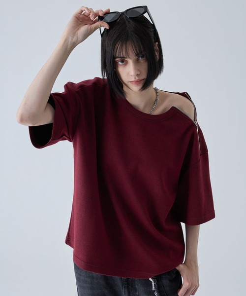 VELNUS（ベルナス）の「【VELNUS】Shoulder Zip Melange Ribbed Knit Short Sleeve T-Shirt/ショルダーZIPメランジリブニット半袖Tシャツ（Tシャツ/カットソー・メンズ・バーガンディー/チャコールグレー・L/M/S）」の7枚目の写真
