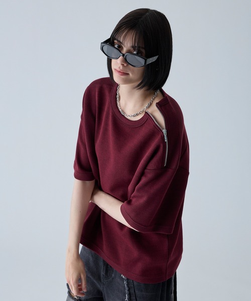 VELNUS（ベルナス）の「【VELNUS】Shoulder Zip Melange Ribbed Knit Short Sleeve T-Shirt/ショルダーZIPメランジリブニット半袖Tシャツ（Tシャツ/カットソー・メンズ・バーガンディー/チャコールグレー・L/M/S）」の8枚目の写真