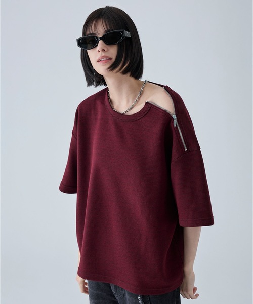 VELNUS（ベルナス）の「【VELNUS】Shoulder Zip Melange Ribbed Knit Short Sleeve T-Shirt/ショルダーZIPメランジリブニット半袖Tシャツ（Tシャツ/カットソー・メンズ・バーガンディー/チャコールグレー・L/M/S）」の9枚目の写真