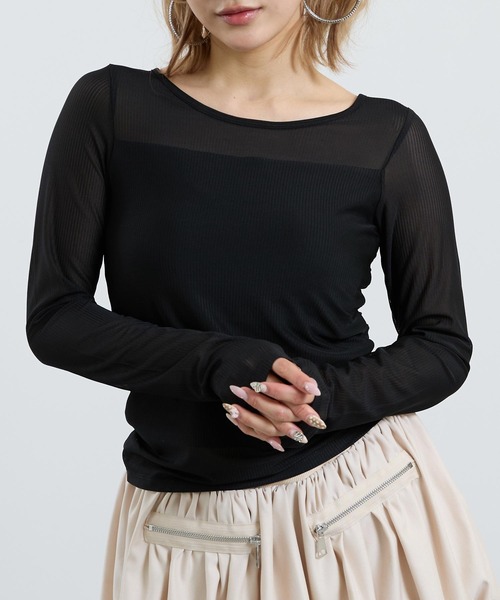 ANAP（アナップ）の「パッド付き インナードッキング シアーレース ロンT（Tシャツ/カットソー・レディース・ブラック/オフホワイト・F）」の2枚目の写真