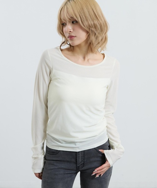 ANAP（アナップ）の「パッド付き インナードッキング シアーレース ロンT（Tシャツ/カットソー・レディース・ブラック/オフホワイト・F）」の4枚目の写真