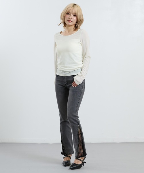 ANAP（アナップ）の「パッド付き インナードッキング シアーレース ロンT（Tシャツ/カットソー・レディース・ブラック/オフホワイト・F）」の5枚目の写真